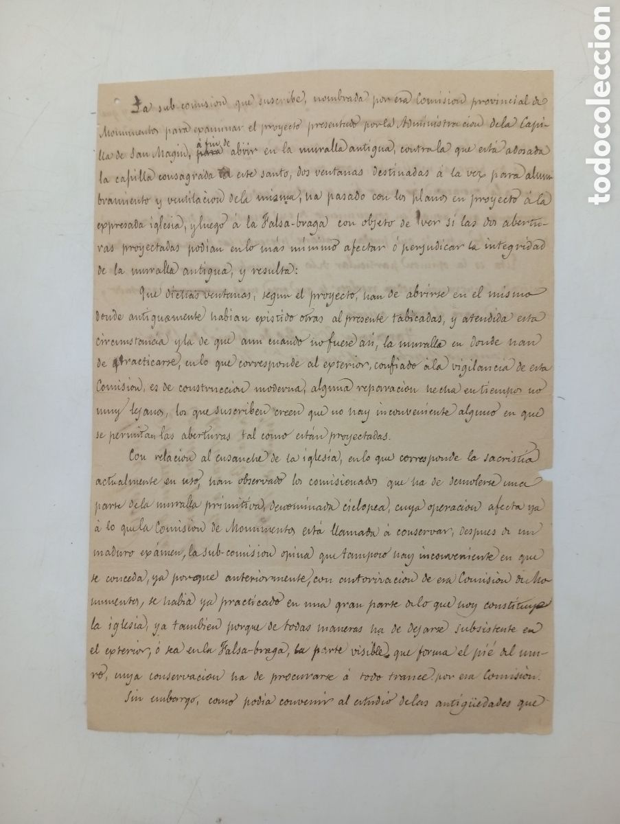 Manuscritos antigos: Hern&aacute;ndez Sanahuja Carta dictament comisi&oacute;n abertura muralla Tarragona 1880