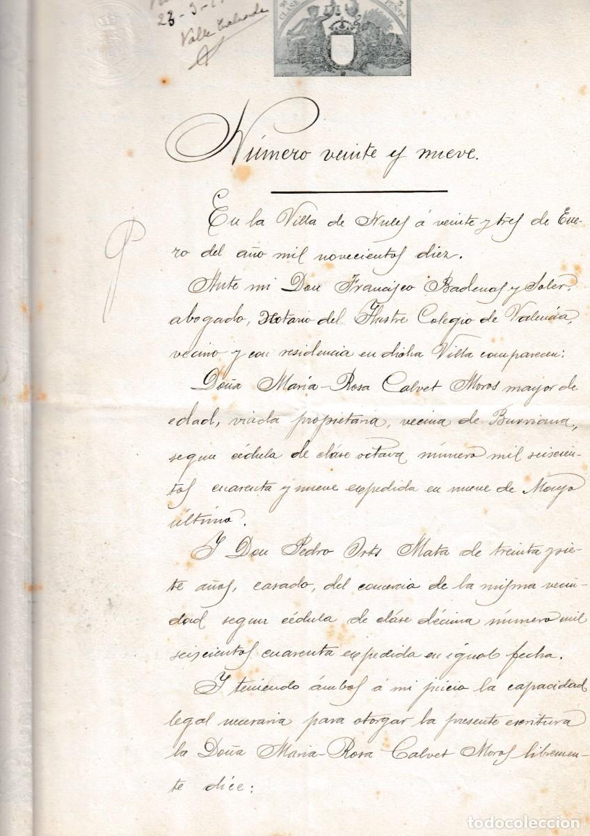 Manuscritos antiguos: 1910 NULES BURRIANA SELLO FISCAL 9&ordm; 3 PTS VENTA MARIA ROSA CALVET MOROS A PEDRO ORTS