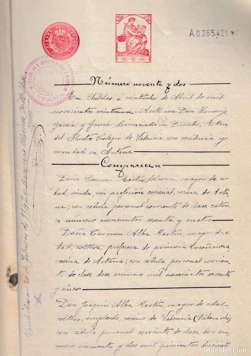 Manuscritos antiguos: 1929 CHILCHES ARTANA SELLO FISCAL 4&ordm; 12 PS VENTA CARMEN MARTIN SOLSONA A PEDRO ORTS