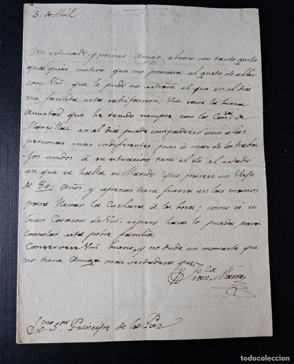Manuscritos antigos: Carta aut&oacute;grafa de Manuel Godoy (Pr&iacute;ncipe de la Paz) solicitud ayuda para la Condesa de Marsillac.