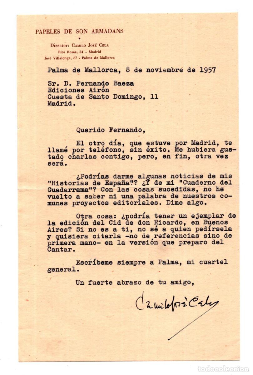 Manuscritos antiguos: CARTA ESCRITA POR EL ESCRITOR CAMILO JOS&Eacute; CELA 1957, DIRIGIDA A FERNANDO BAEZA DE EDICIONES AIR&Oacute;N