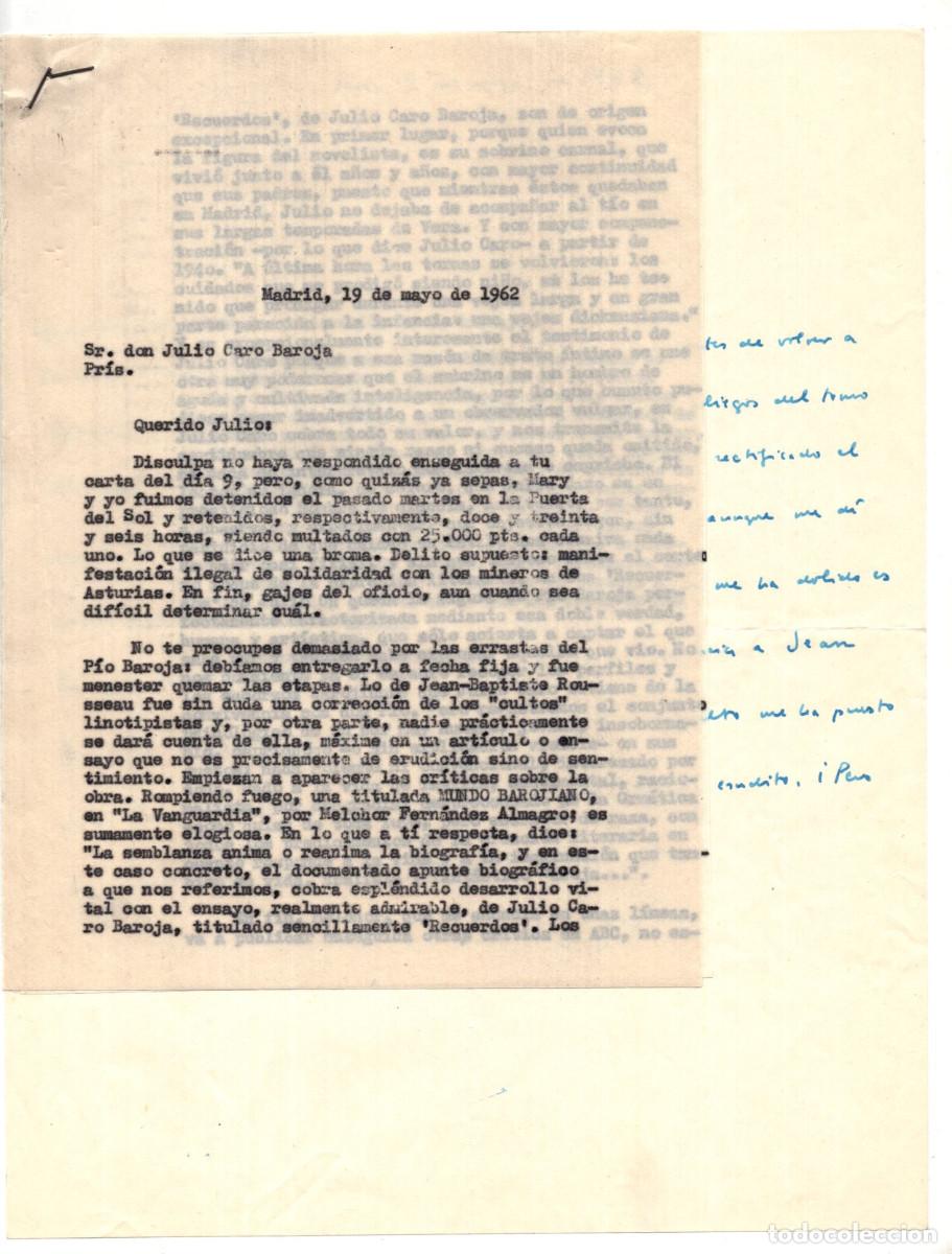 Manuscritos antigos: CARTA MECANOGRAFIADA, MADRID 1962, EST&Aacute; DIRIGIDA A JULIO CARO BAROJA. CONTESTACI&Oacute;N MANUSCRITA.