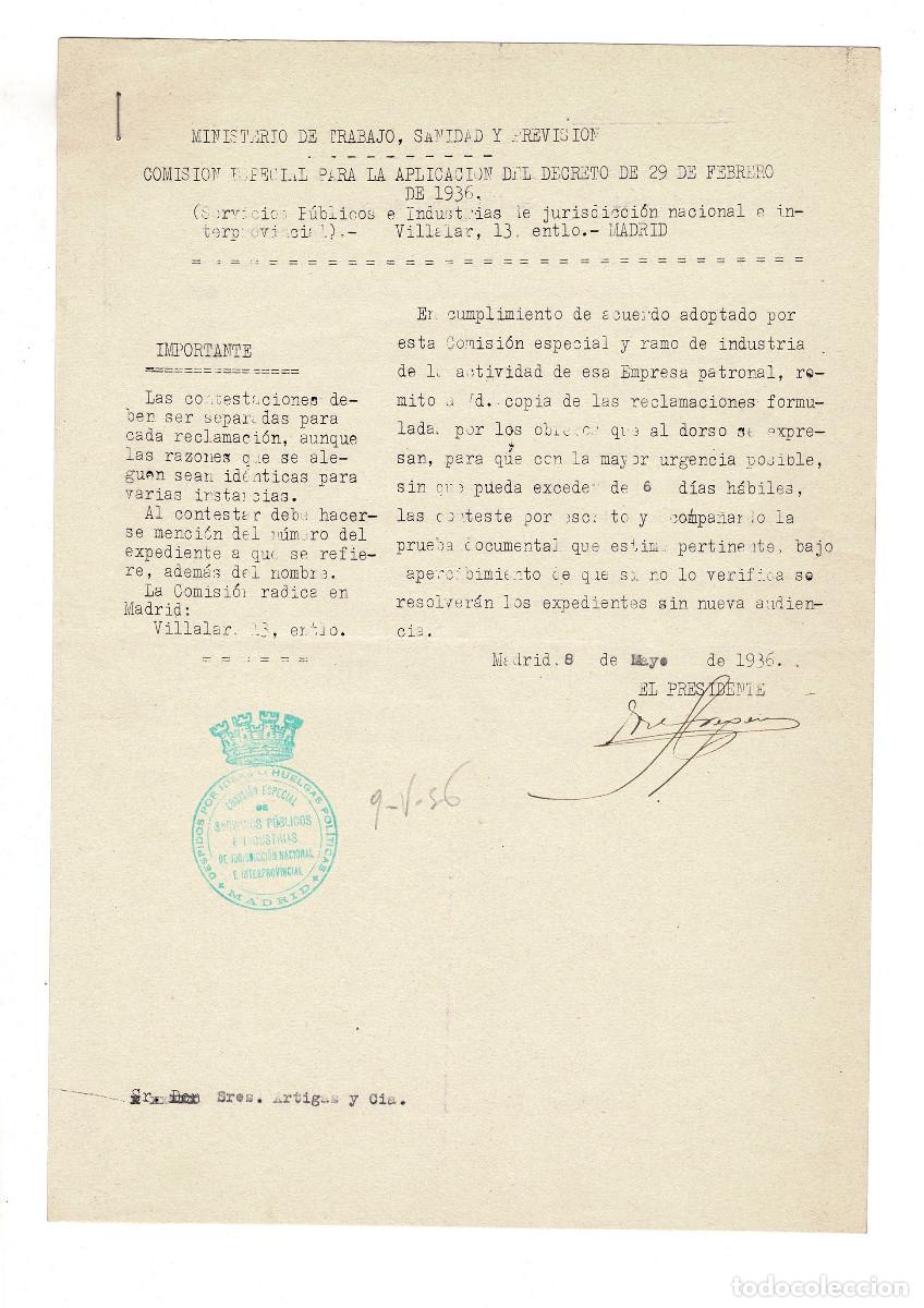 Manuscritos antigos: COMISI&Oacute;N ESPECIAL DE SERVICIOS P&Uacute;BLICOS E INDUSTRIALES. DESPIDO POR IDEAS O HUELGAS POL&Iacute;TICAS. 1936