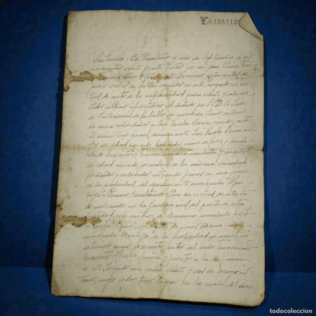 Alte Manuskripte: Documento Manuscrito Judicial A&ntilde;o 1927 &ndash; Sentencia Antigua Del Juzgado Municipal De Puenteceso