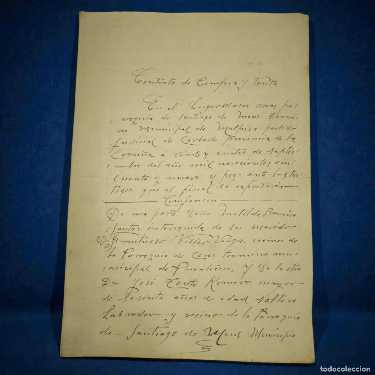 Alte Manuskripte: Contrato De Compra Y Venta Manuscrito A&ntilde;o 1959 &ndash; Documento Legal Antiguo De Galicia