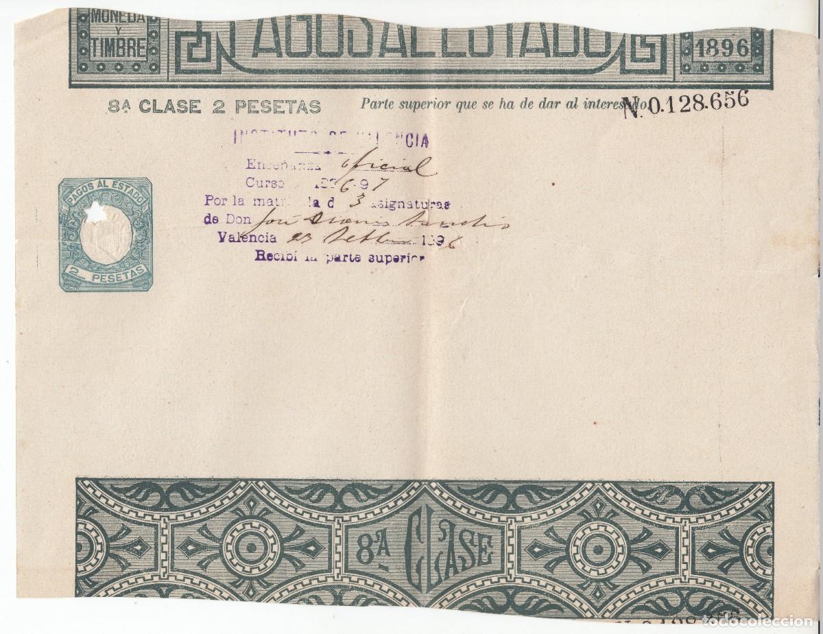 Manuscritos antiguos: 1896 SELLO FISCAL CLASE 8&ordf; 2 PTS PAPEL DE PAGOS DEL ESTADO PARA REINTEGROS. SUPERIOR INTERESADO