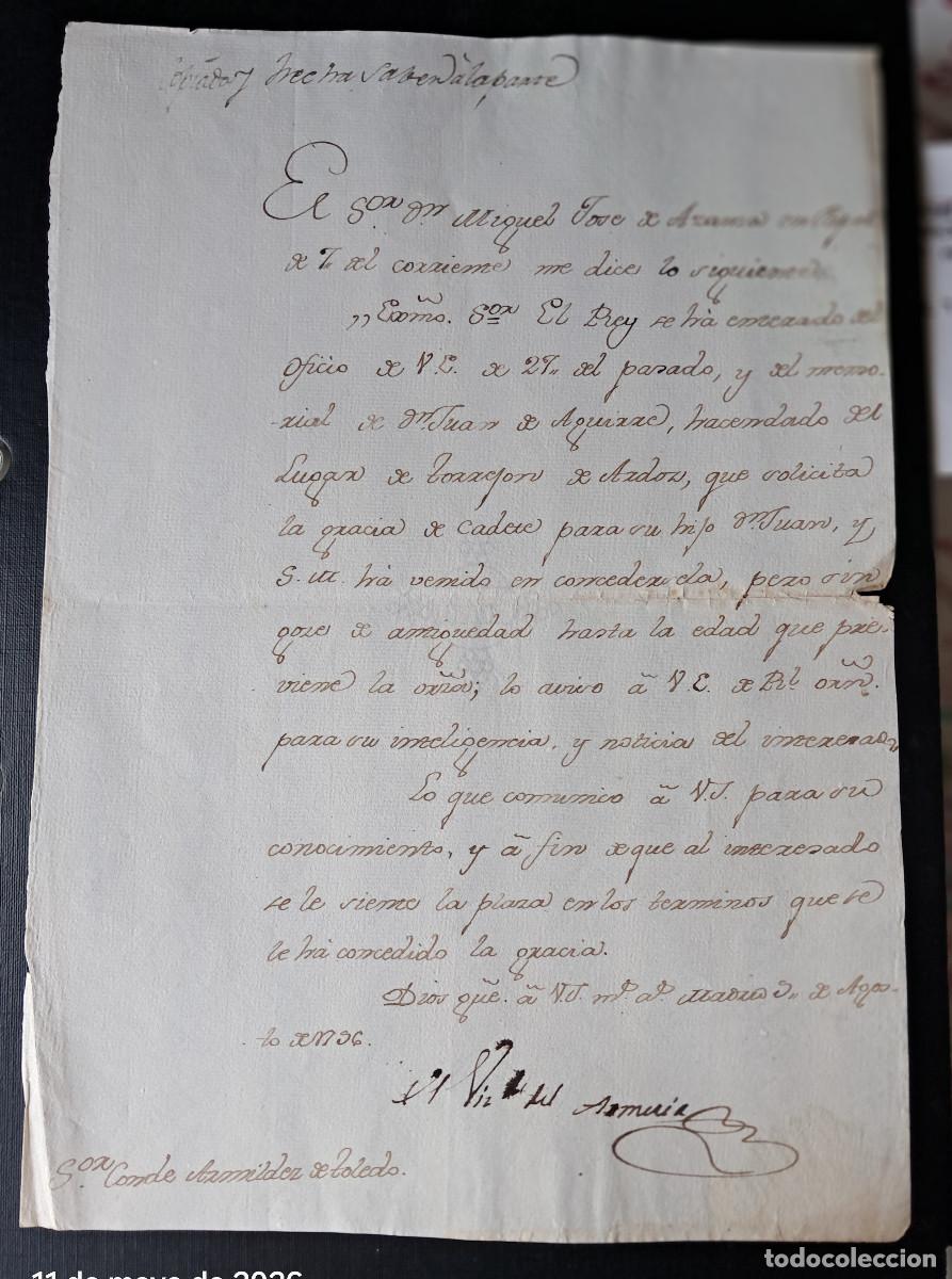 Alte Manuskripte: Oficio concesi&oacute;n al hacendado Juan de Aguirre de Torrej&oacute;n de Ardoz (Madrid) a su hijo gracia cadete.