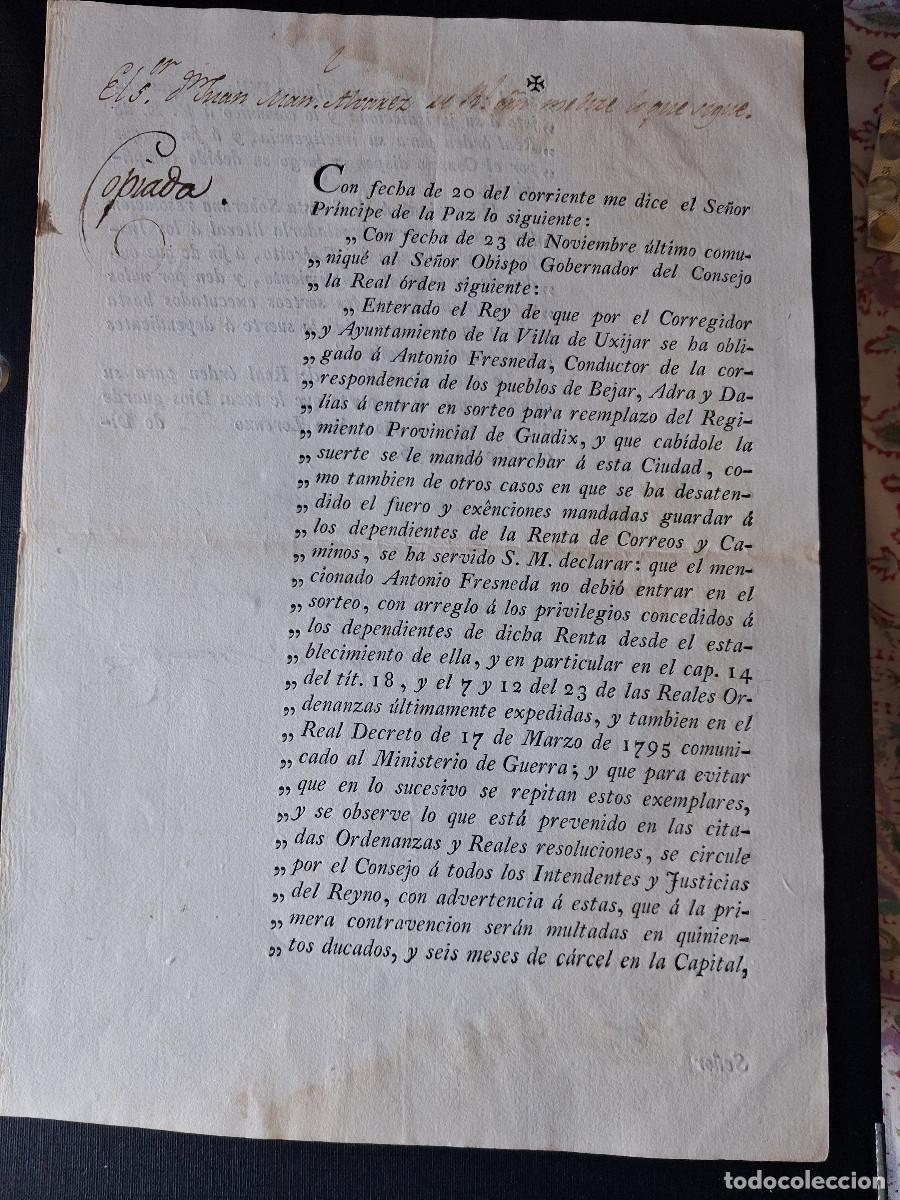 Manuscritos antiguos: Ug&iacute;jar (Uxijar) Granada. 1796. Oficio Sobre el servicio de Renta de Correos y Caminos en Adra,Dal&iacute;as