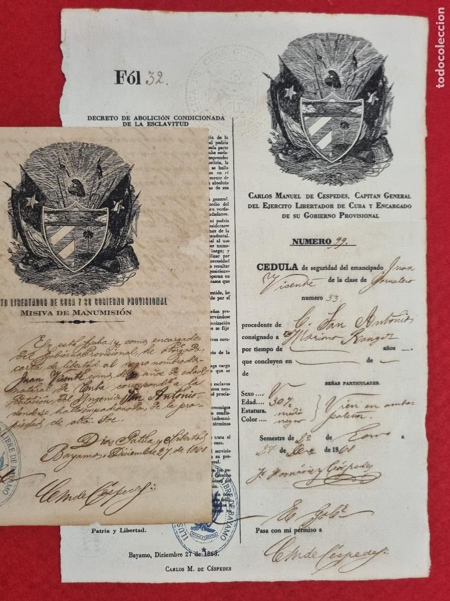 Alte Manuskripte: 2 DOCUMENTOS ESCLAVOS CARTA DE LIBERTAD Y CEDULA DEL MISMO ESCLAVO N&ordm; 99 FIRMA CESPEDES CUBA 1868