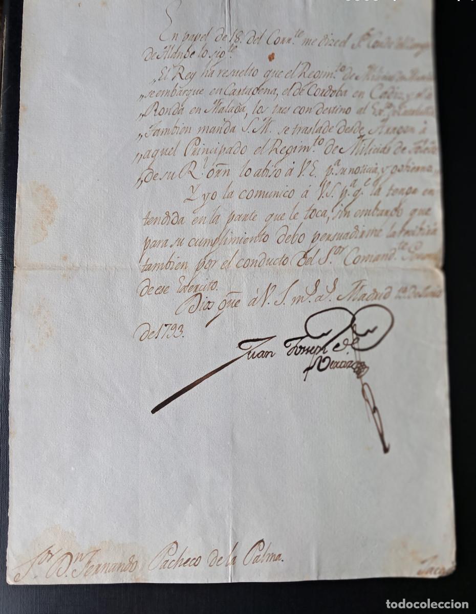 Alte Manuskripte: Oficio de 1793 sobre embarque de Milicias en Cartagena, C&aacute;diz y M&aacute;laga con destino Catalu&ntilde;a.