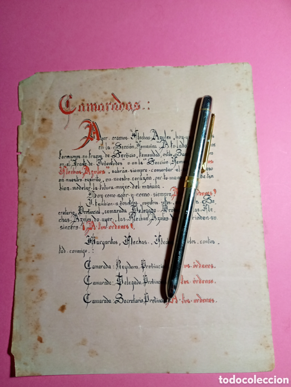 Manuscritos antiguos: LETRA G&Oacute;TICA CAPITULARES CAMARADAS F&Eacute;MINAS FALANGE MARGARITAS FLECHAS FLECHAS AZULES A TUS &Oacute;RDENES!