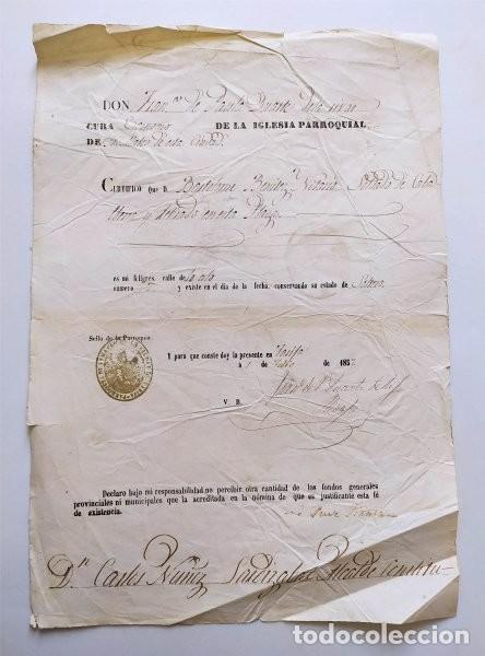 Manuscritos antigos: Certificado del cura de San Mateo, Tarifa (C&aacute;diz) y el alcalde sobre un soldado de caballer&iacute;a. 1857