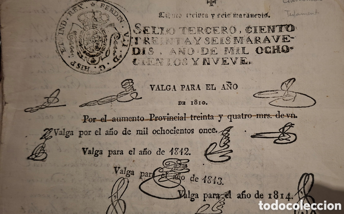 Manuscritos antiguos: Guerra independencia Fernando VII timbrologia Fiscal con 5 habilitaciones Raro 1809 -10-11-12-13-14