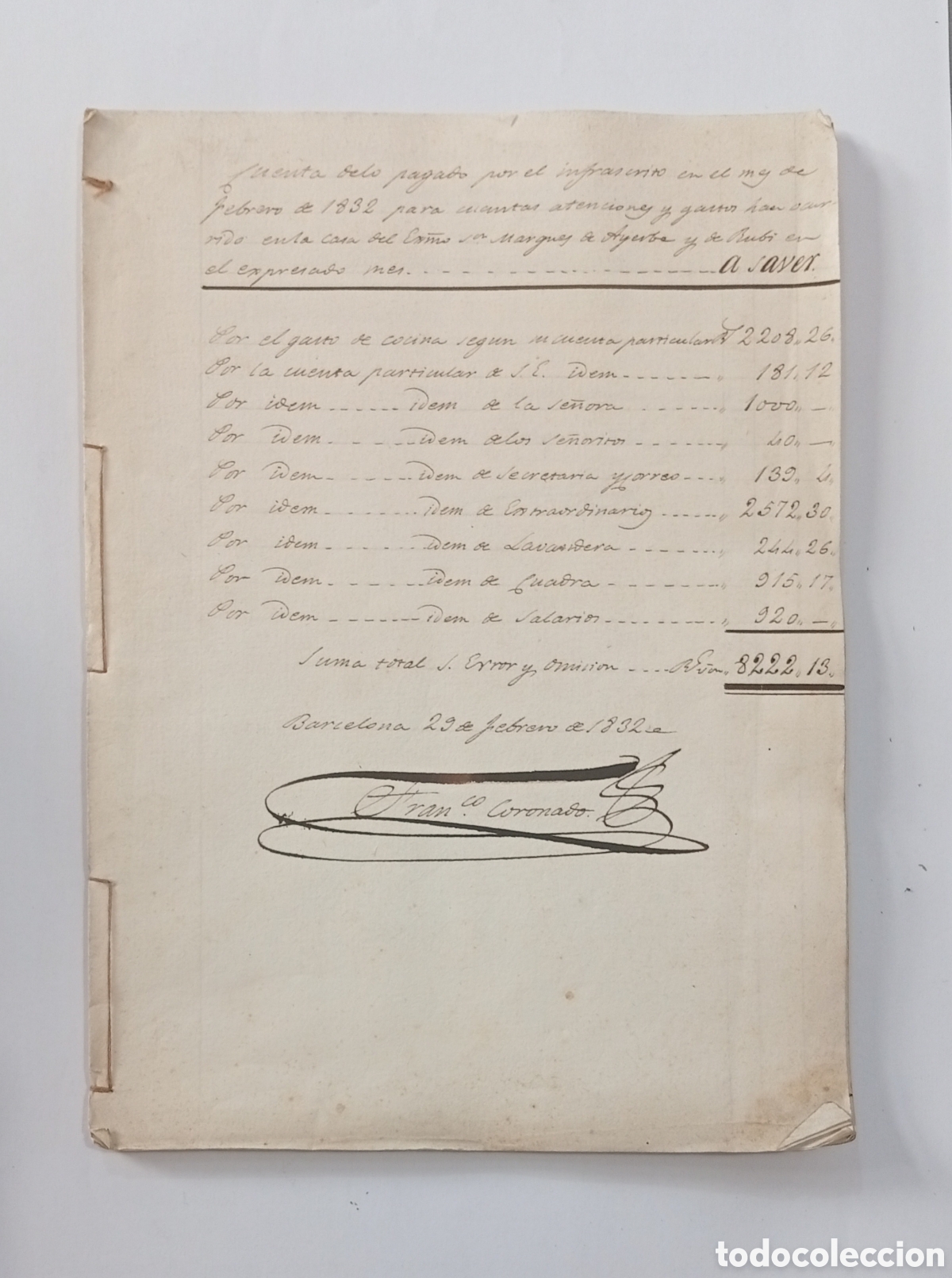 Manuscritos antigos: Pliego de documentos cuentas casa Marques de Ayerbe y Rubi Enero 1832 Barcelona