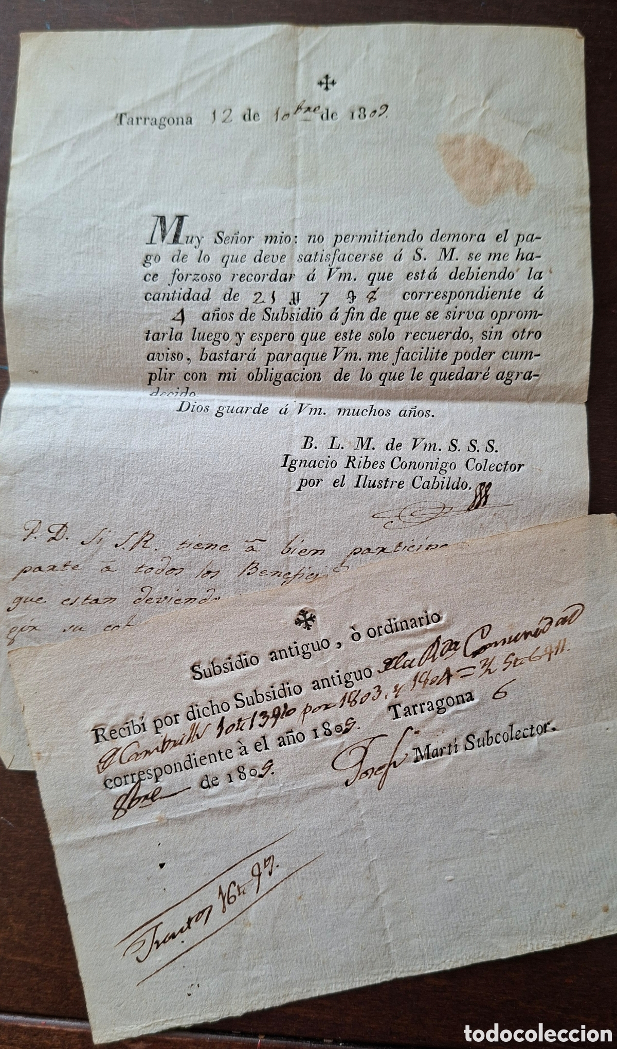 Manuscritos antigos: Guerra independencia Subsidio antiguo ordinario contribuci&oacute;n a SM Cambrils Tarragona 1809