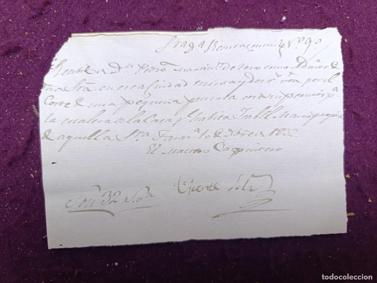 Manuscritos antigos: 1832, Antiguo Documento Manuscrito, Recibo, medici&oacute;n o tasaci&oacute;n de obra constructiva o similar