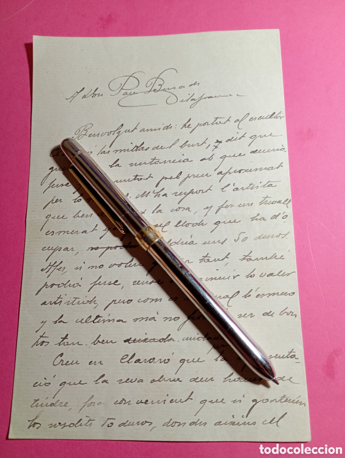 Manuscritos antiguos: VILAFRANCA 1917 Pere J. ... a Pau ... : Encargo Busto Pau Mil&agrave; i Fontanals al Escultor Enric Claras&oacute;
