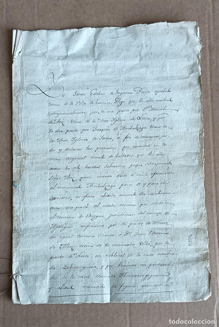 Manuscritos antiguos: Documento manuscrito 1802 Vecinos de la villa de Guernica declara haber nombrado para que le mida l