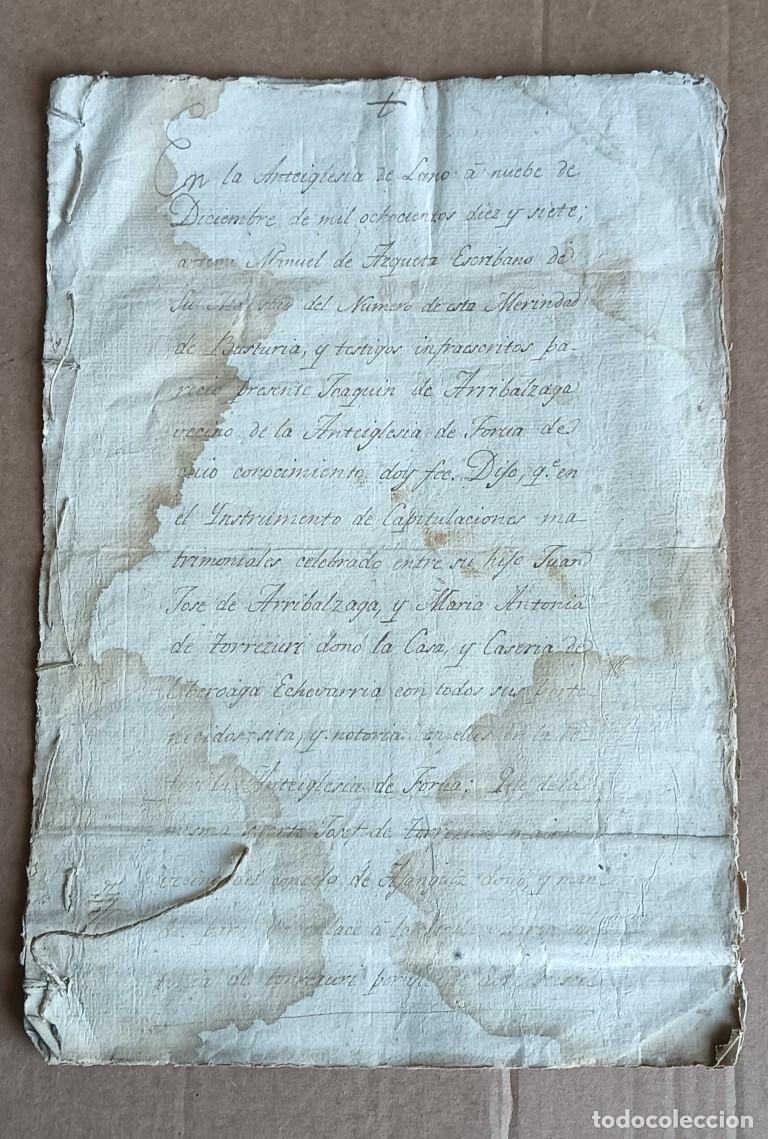 Manuscritos antiguos: documento manuscrito 1817 antiglesia del Lumo un vecino de la anteiglesia de Forua una donaci&oacute;n fa