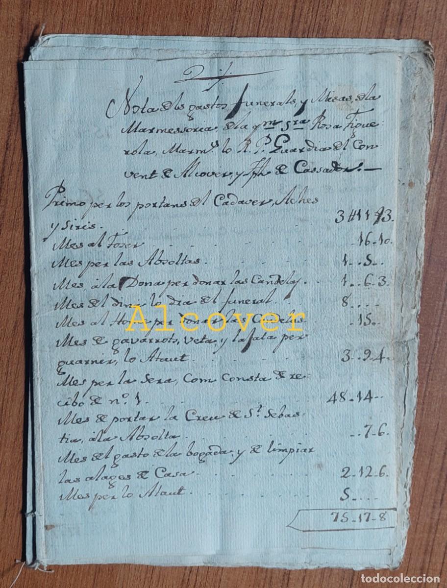 Manuscritos antiguos: ALCOVER TARRAGONA NOTA GASTOS FUNERALS I MISSAS MARMESSORIA c. 1812