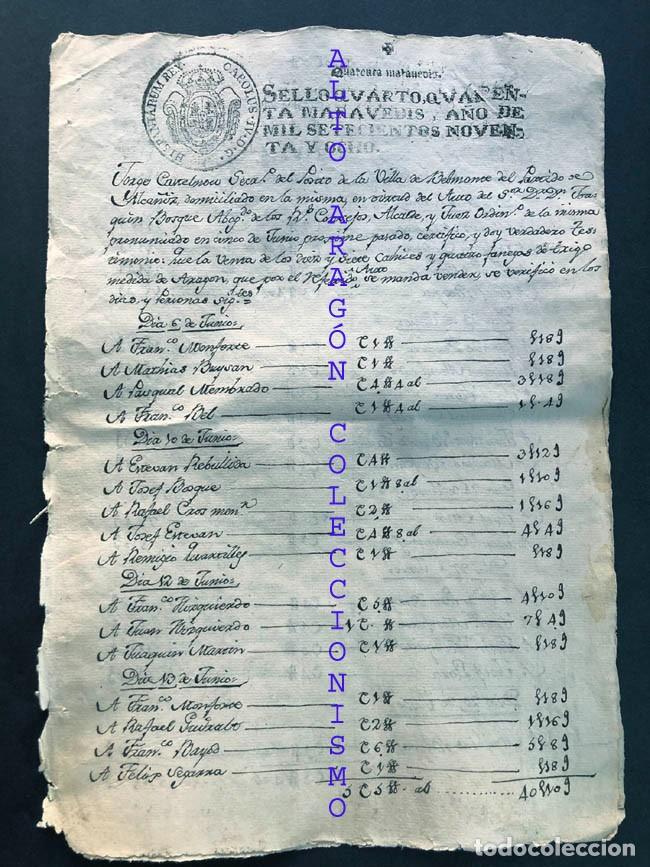 Manuscritos antiguos: BELMONTE DE SAN JOS&Eacute; 1798 / VENTA DE TRIGO POR EL POSITO DE LA VILLA / 9 PESOS EL CAHIZ / TERUEL
