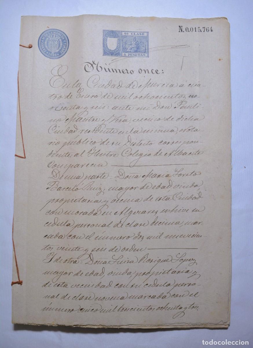 Manuscritos antigos: Manuscrito 1896 - Sello de 9&ordf; clase - Venta de 4 Casas en Algezares (Murcia) - 1896