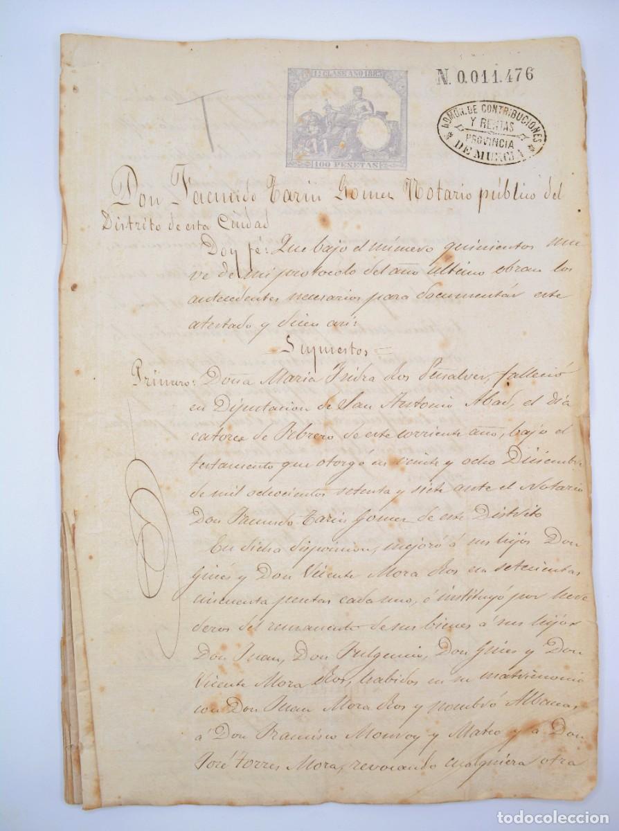 Manuscritos antigos: Manuscrito - Sello 1&ordf; Clase A&ntilde;o 1883, 100 pesetas. Pago de deudas y rentas subsanadas - 11 hojas