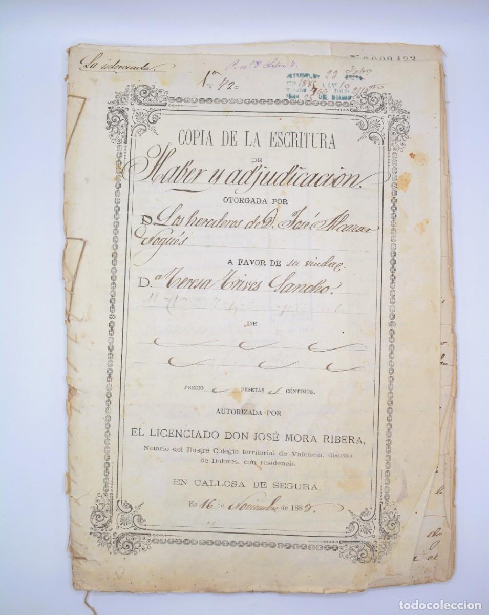 Manuscritos antigos: Manuscrito - 10&ordf; Clase, 2 pesetas, a&ntilde;o 1885. Escritura de haber y adjudicaci&oacute;n - 25 hojas