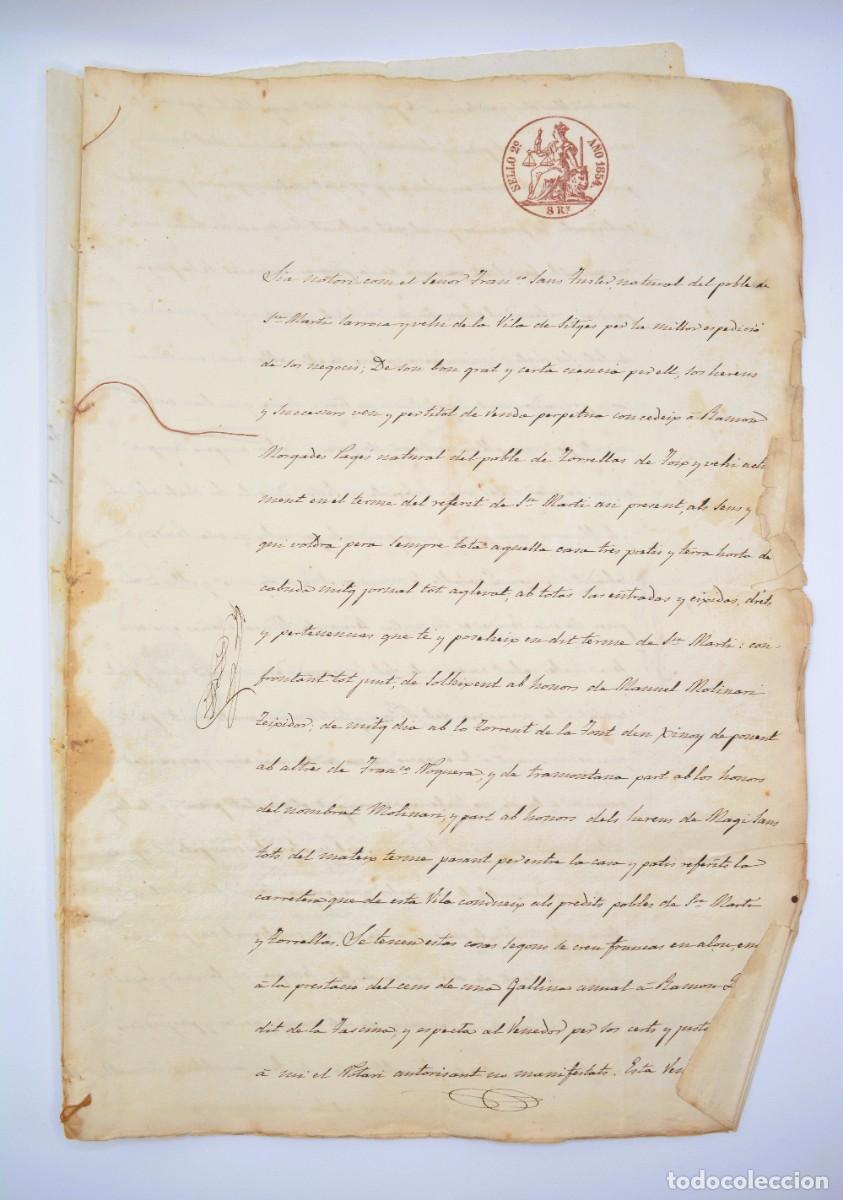 Manuscritos antigos: Manuscrito - Sello 2&ordm; 8 reales, a&ntilde;o 1854 Venta perpetua de tres partes y medio jornal - 4 hojas
