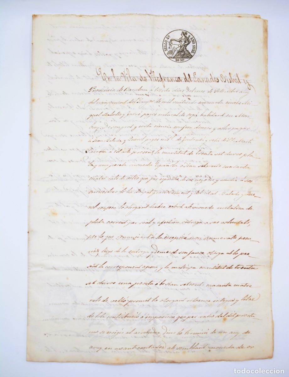 Manuscritos antigos: Manuscrito - Sello 4&ordm; 40 maraved&iacute;s 1855- Escritura de deudores en Villafranca del Panad&eacute;s - 4 hojas