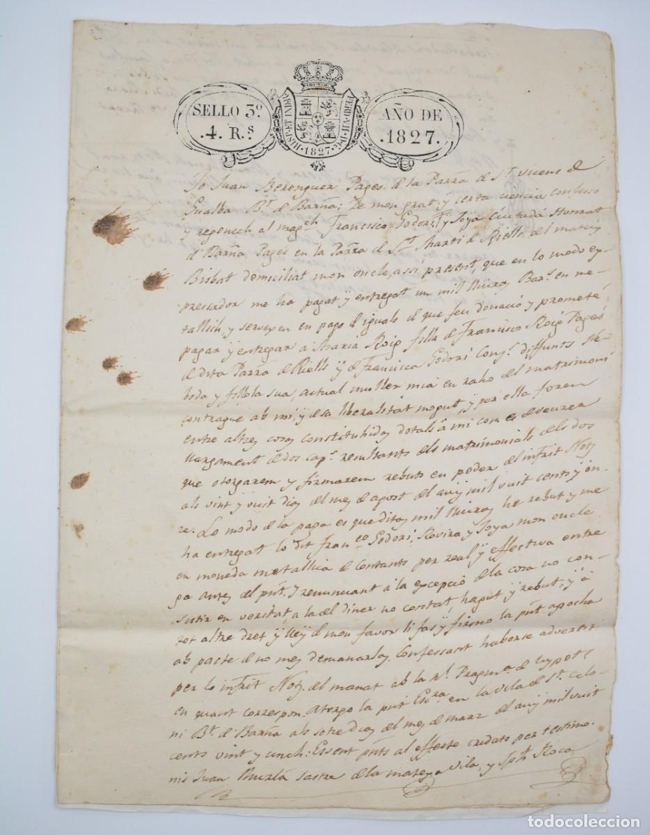 Manuscritos antigos: Manuscrito - Sello 3&ordm; 4 reales a&ntilde;o de 1827 - Entrega de apoca de dote - Riells - 4 hojas