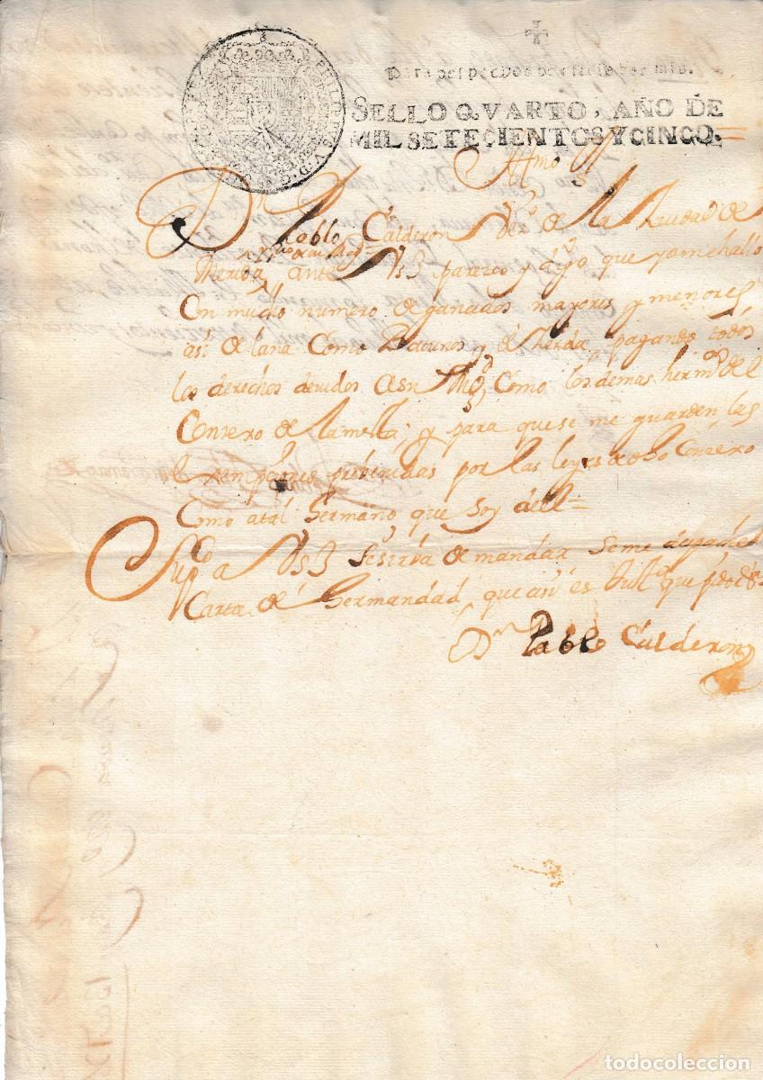 Manuscritos antiguos: 1705 MERIDA (BADAJOZ) SELLO FISCAL OFICIO 2 MRS. PABLO CALDERON PIDE CARTA DE HERMANDAD DE LA MESTA