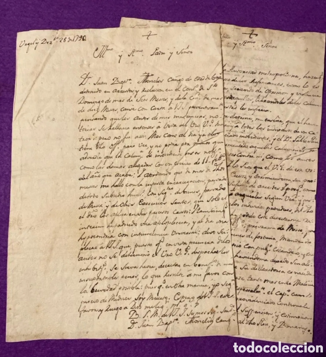 Manuscritos antigos: SEU D&rsquo;URGELL 1790 SUPLICA METR&Oacute;POLITANA RECLUIDO EN CONVENTO DE SANTO DOMINGO 2 CARTAS MANUSCRITAS