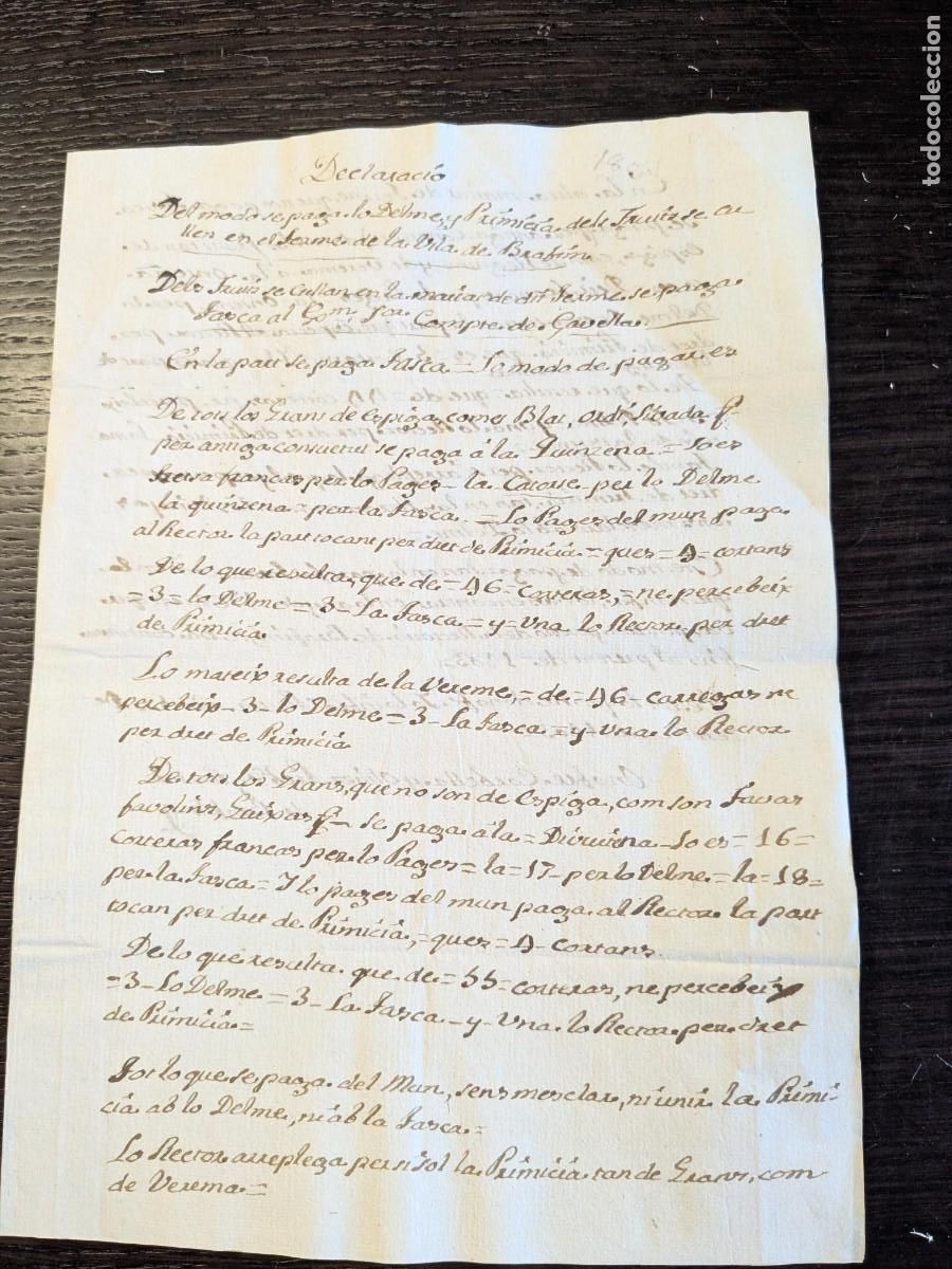 Manuscritos antiguos: 1803 BRAFIM TARRAGONA MODO DE PAGAR LA PRIMICIA Y FRUTOS DEL TERMINO DE LA VILLA
