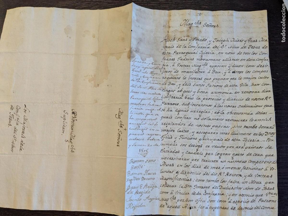 Manuscritos antiguos: 1806 ARBECA LLEIDA LERIDA COFRAD&Iacute;A DEL SANTO NOMBRE DE JESUS FIRMAS SACERDOTE Y REGIDORES
