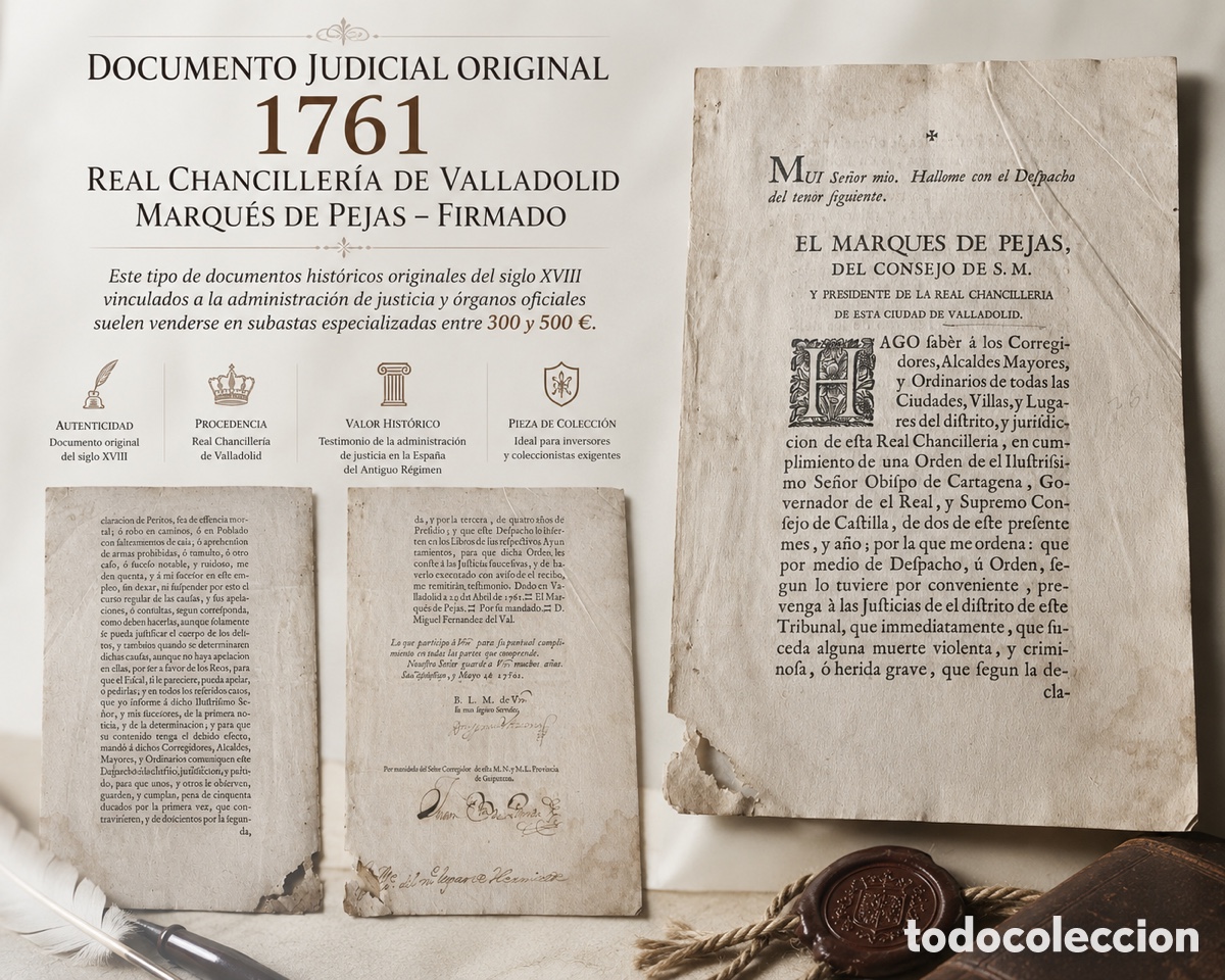 Ancient Manuscripts: Documento Original 1761 Real Chanciller&iacute;a Valladolid Firmado Siglo XVIII