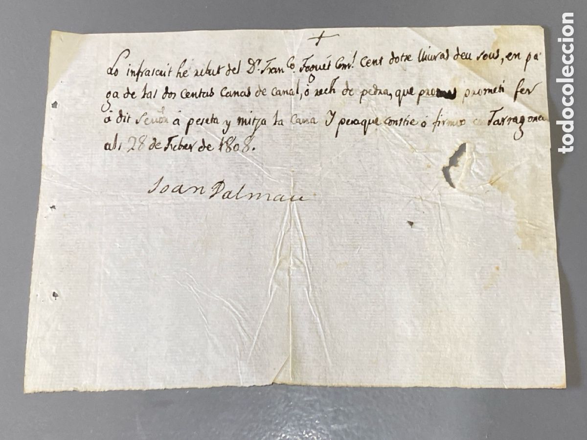 Manuscritos antigos: 1808 12 libras y 10 sueldos por 200 &rdquo;canas de Canal o rech de pedra a peseta y mitja la cana