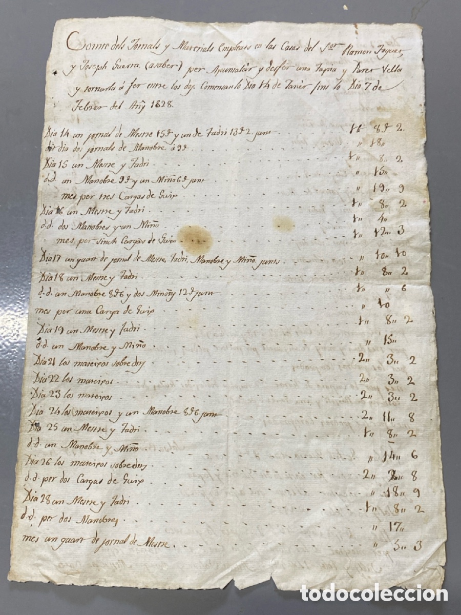 Manuscritos antigos: Valls 1828 Factura recibo Maestro de Casas obra realizada detando precio de mano de obra y material