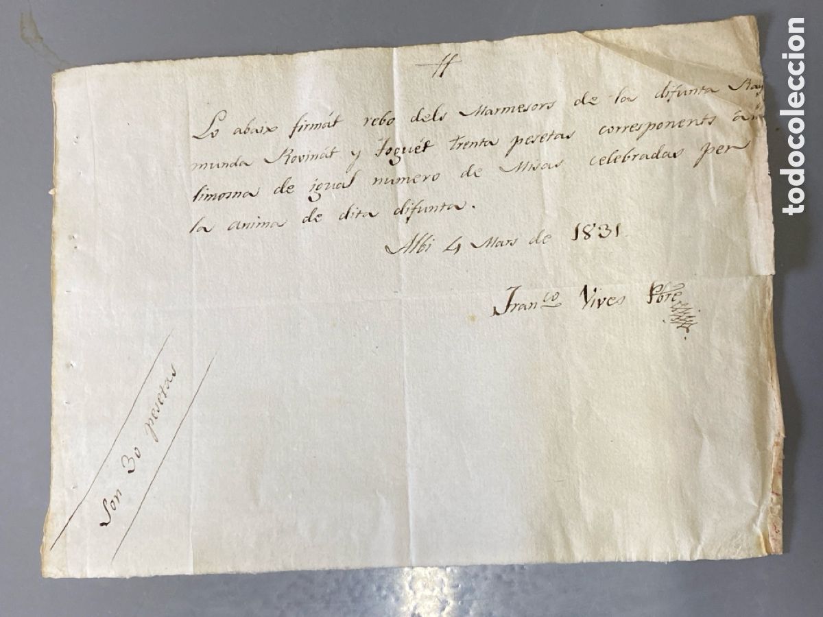 Manuscrits anciens: Recibo Albi 1831 de 39 pesetas de limosna de igual n&uacute;mero de misas