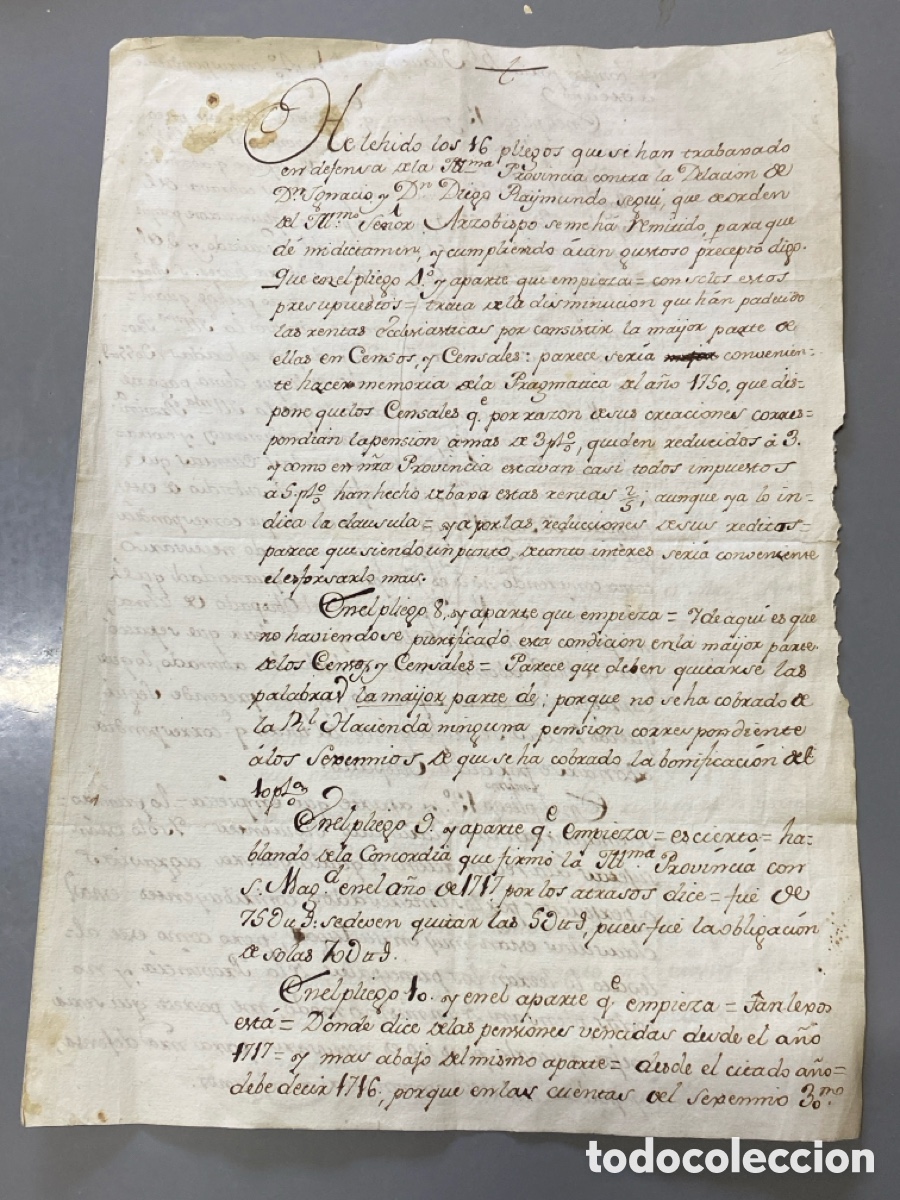 Alte Manuskripte: Disminuci&oacute;n Rentas Eclesi&aacute;sticas Barna a Marzo 19 de 1776 por Orden Arzobispo para dar mi dictamen
