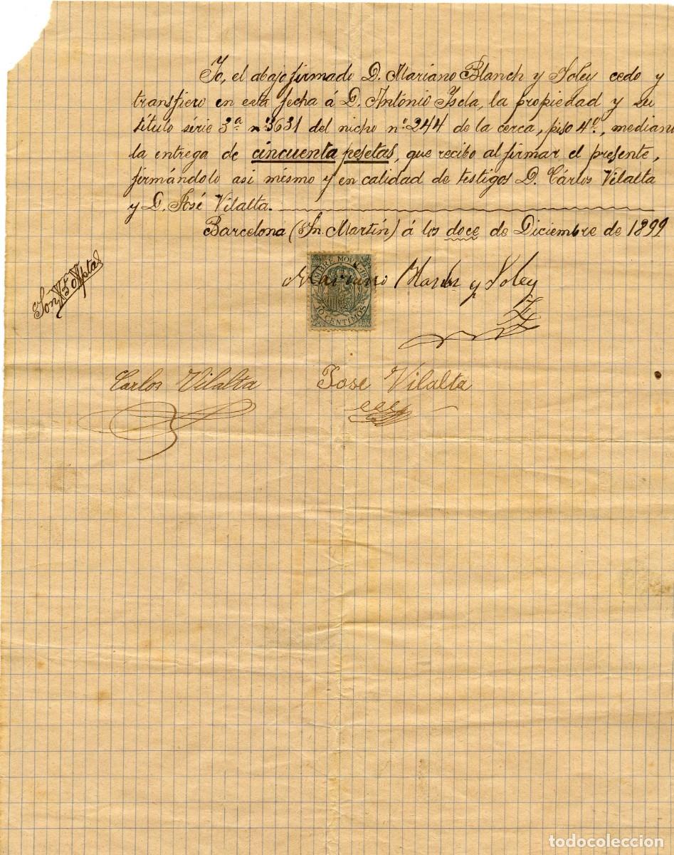 Manuscritos antiguos: Documento manuscrito antiguo de venta de un nicho, Sant Mart&iacute; de Proven&ccedil;als, Diciembre 1899