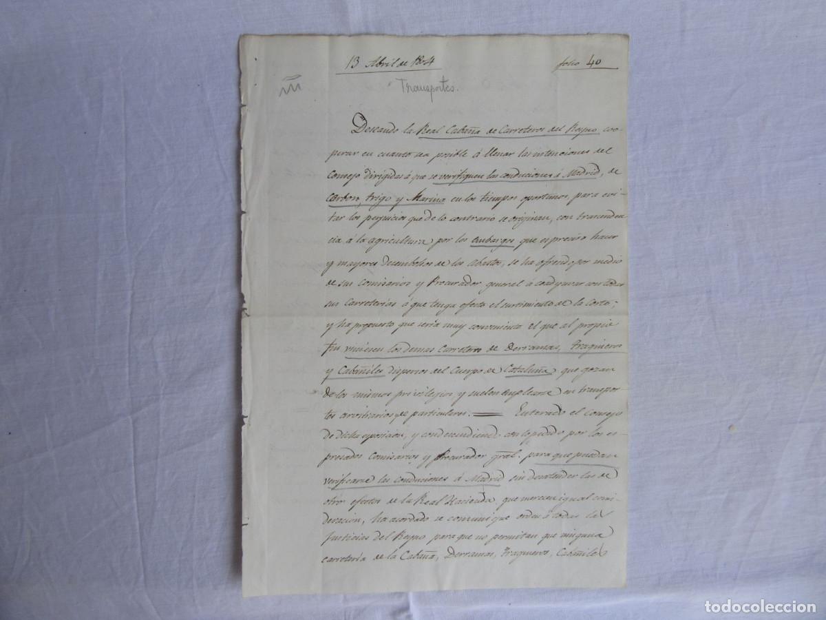 Manuscritos antiguos: Documento sobre la Real Caba&ntilde;a de Carreteras del Reyno a Madrid de carb&oacute;n, trigo y harina. 1804.