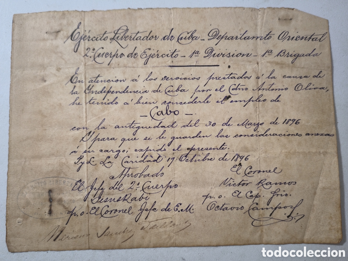 Manuscritos antiguos: Cuba, guerra de cuba, ascenso firmado coronel S&aacute;nchez Vaillant,a&ntilde;o 1896.