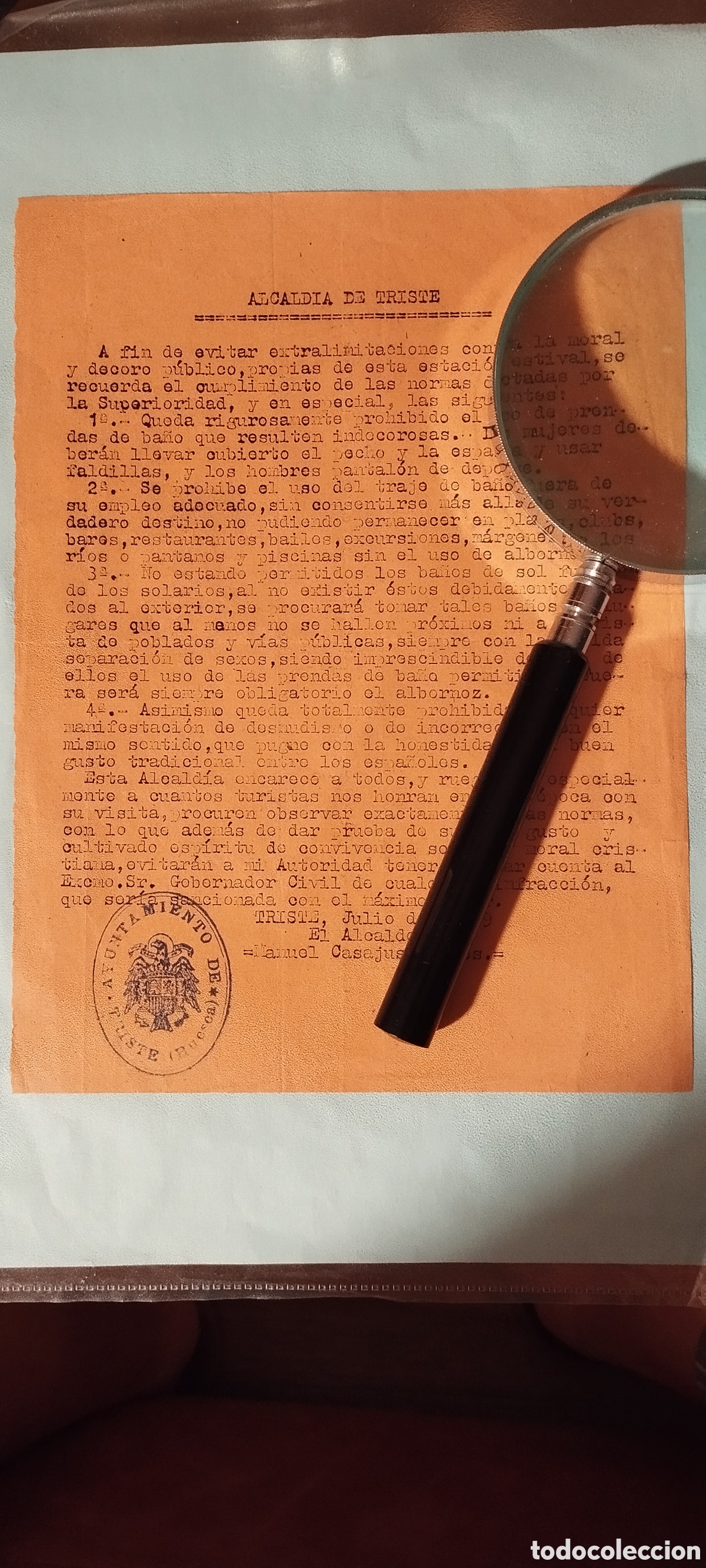 Manuscritos antiguos: TRISTE , HUESCA, ARAGON .BANDO DE NORMAS DOBRE EL DECORO Y MORAL PARA EL VERANO.DOCUMENTO MUY RARO