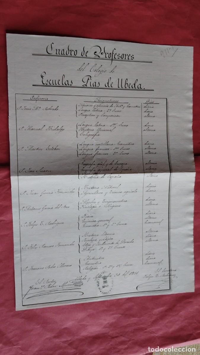 Manuscritos antiguos: CUADRO DE PROFESORES DEL COLEGIO ESCUELAS PIAS DE UBEDA.-MANUSCRITO.-UBEDA.-A&Ntilde;O 1911.