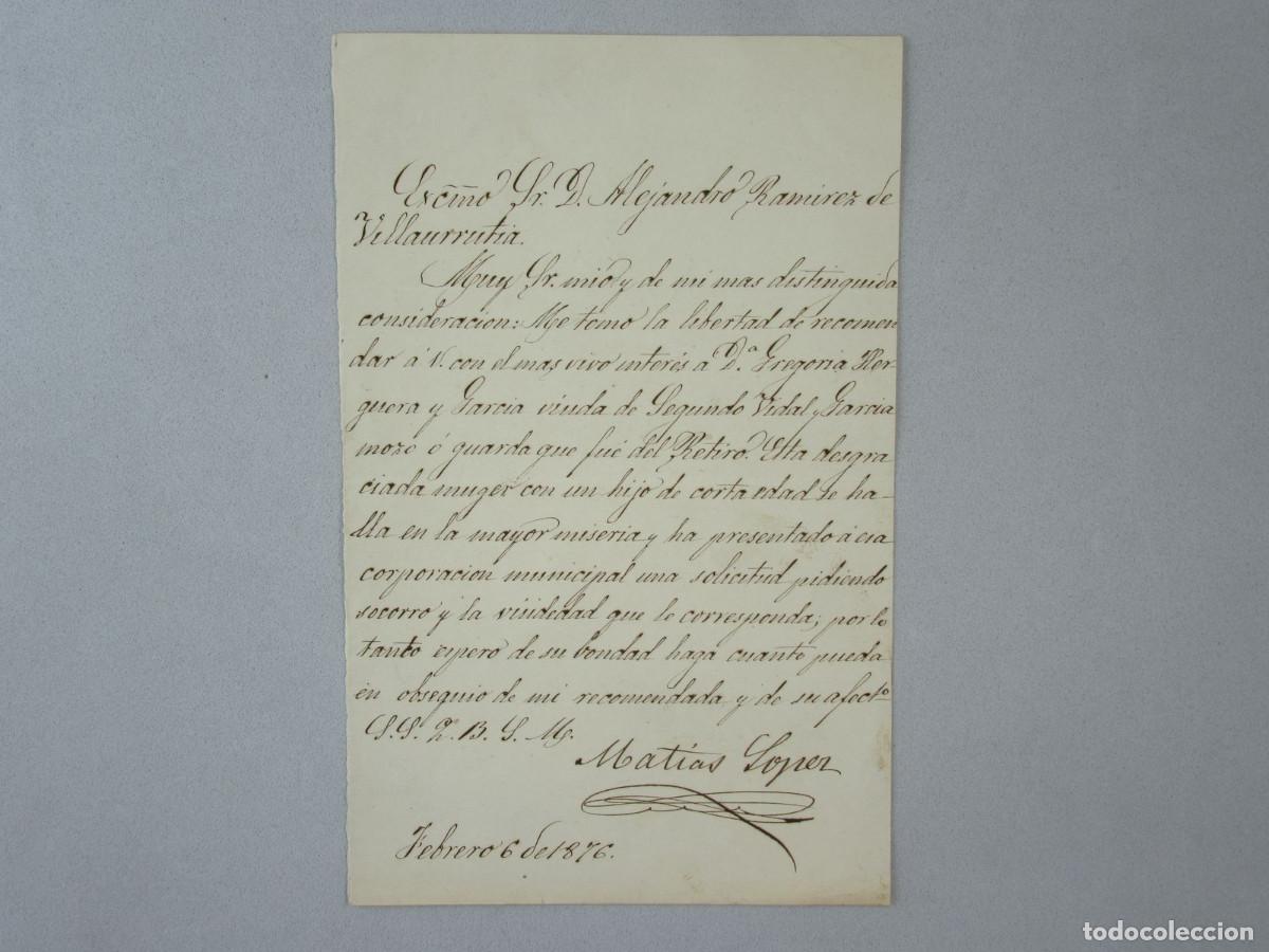 Manuscritos antiguos: Carta de recomendaci&oacute;n para un Guarda del Retiro. Madrid. Firma Chocolates Mat&iacute;as L&oacute;pez, 1876.