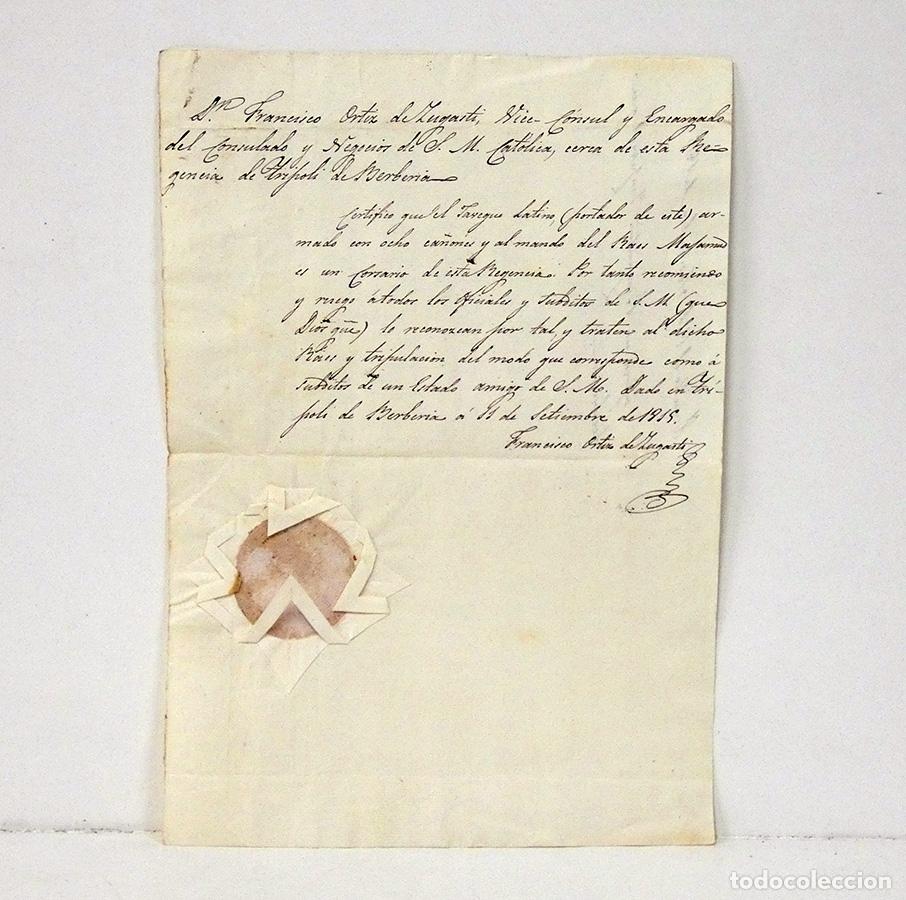Manuscritos antiguos: Salvoconducto de una embarcaci&oacute;n de Berber&iacute;a de Tr&iacute;poli, 1815