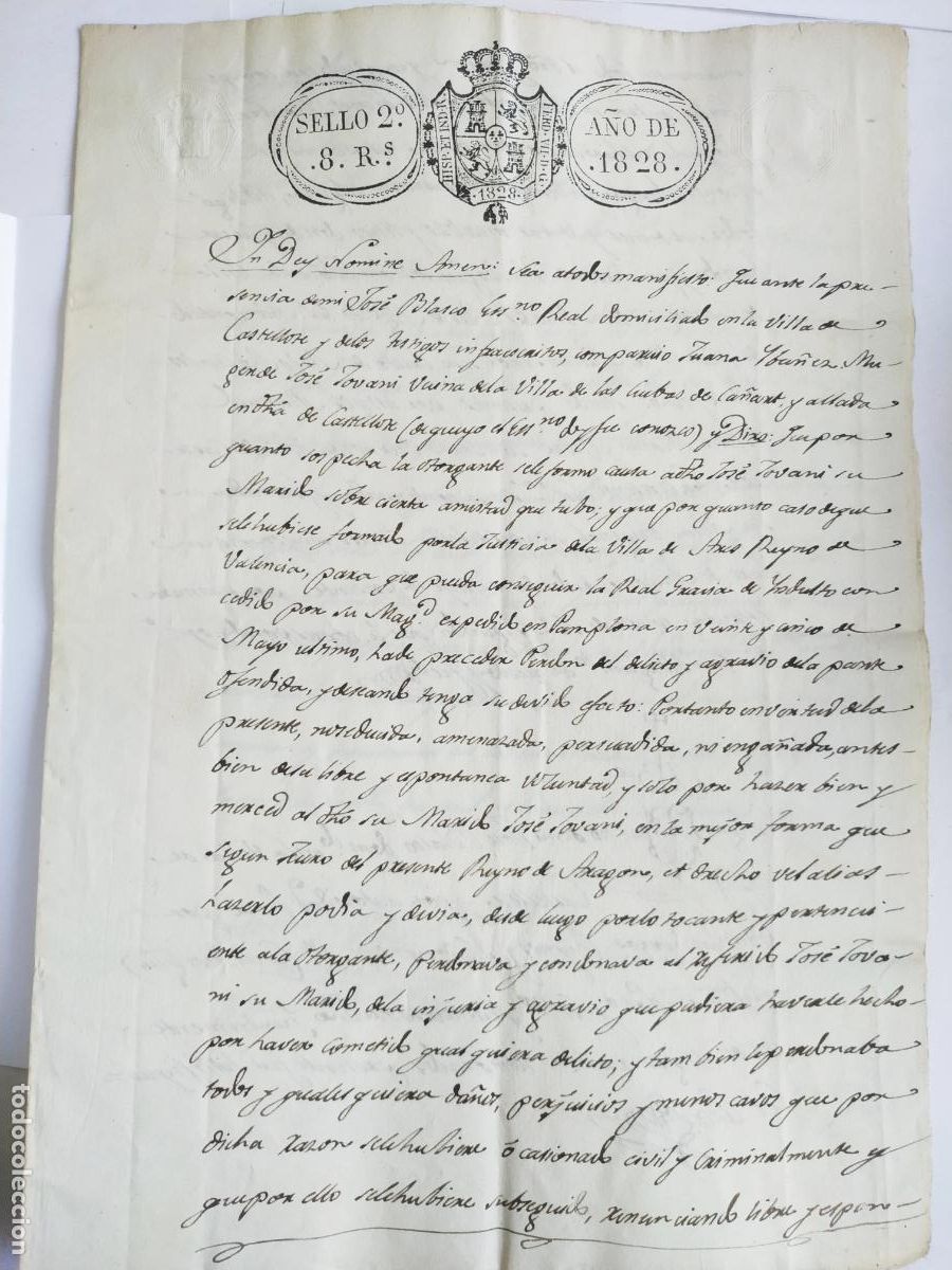 Manuscritos antiguos: Manuscrito Cubas Ca&ntilde;art (Castell&oacute;n) Iba&ntilde;ez Jovani indulto 1828 sello fiscal 2 reales