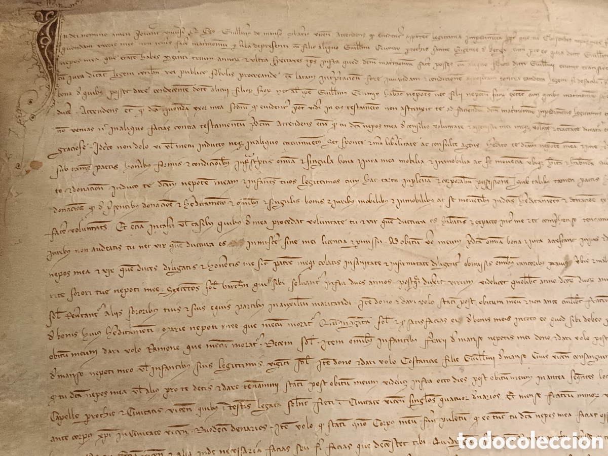 Manuscritos antiguos: S. XIV 1331 PERGAMINO MEDIEVAL MANUSCRITO 65x59 CAPITULAR GOTICA ORNAMENTADA STA. EUGENIA DE BERGA