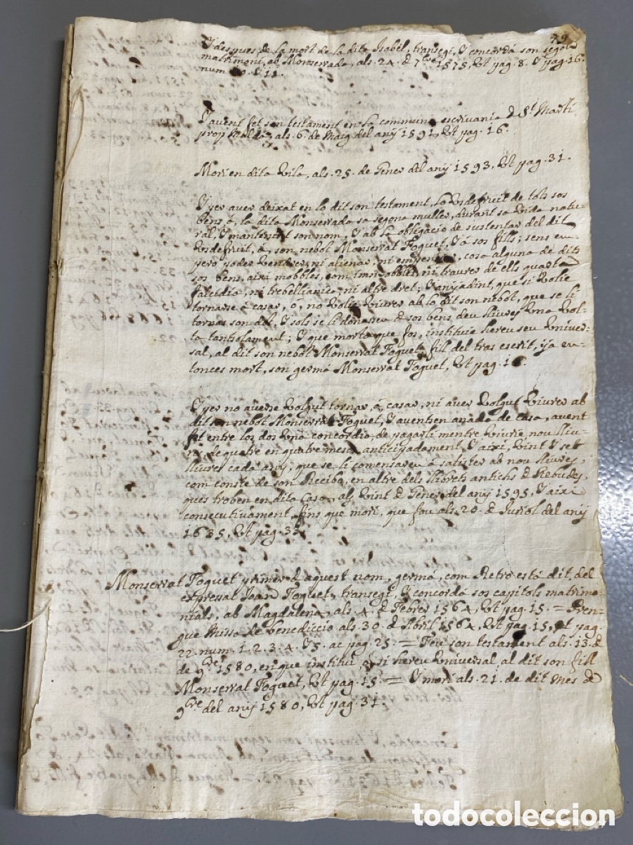 Manuscritos antiguos: Manuscrito siglo XVIII Testamento Pere Anton Foguet Ferrer Can&oacute;nico de Catedral Tarragona a&ntilde;o 1727